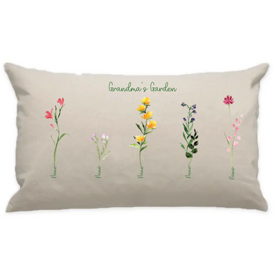 Custom Family Names Flower Lumbar Pillow - Natural Canvas