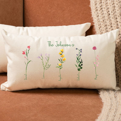 Custom Family Names Flower Lumbar Pillow - Natural Canvas