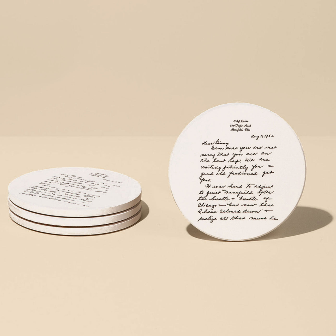 Custom Handwritten Letter Ceramic Round Coaster Set