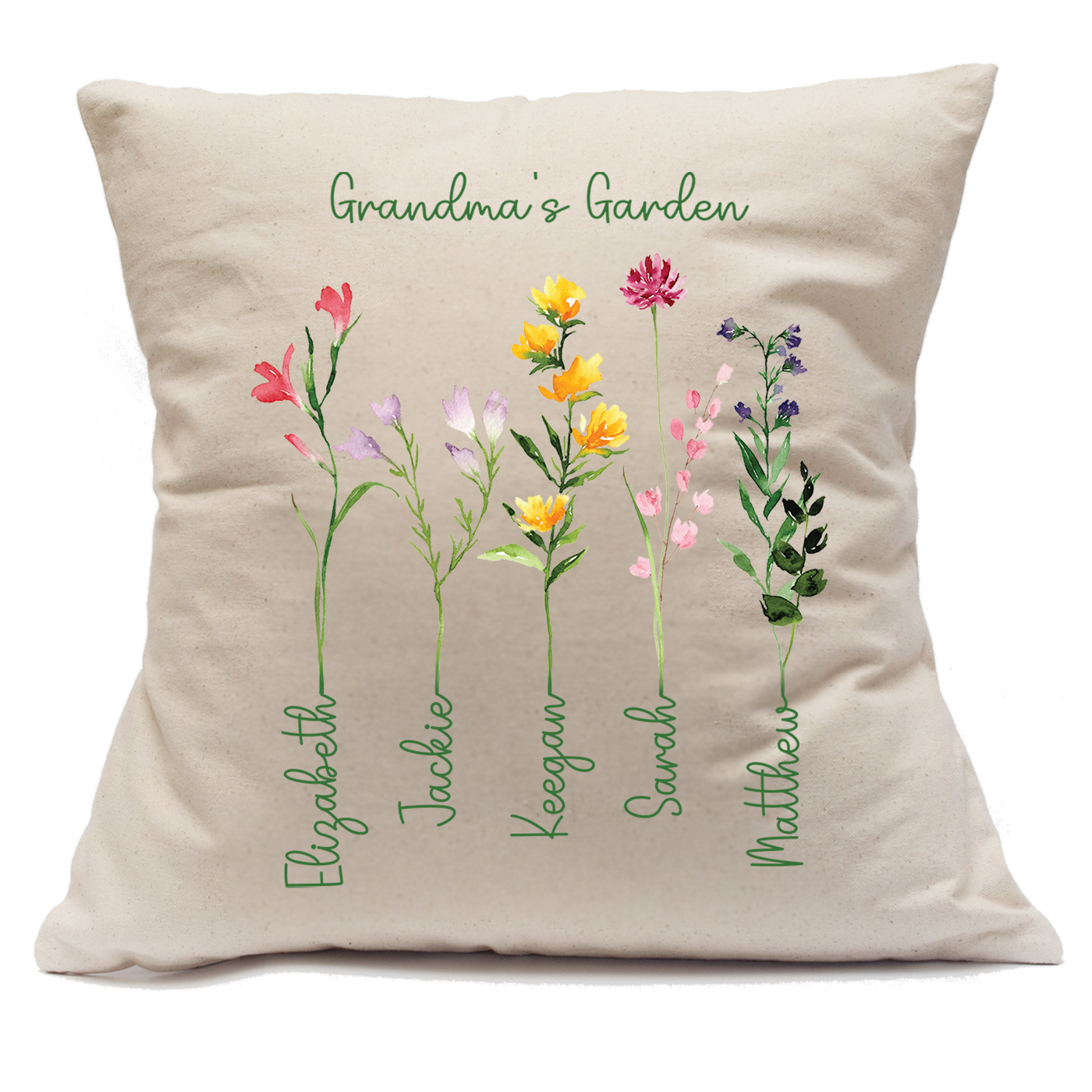 Custom Family Names Flower Decorative Pillow - Natural Canvas