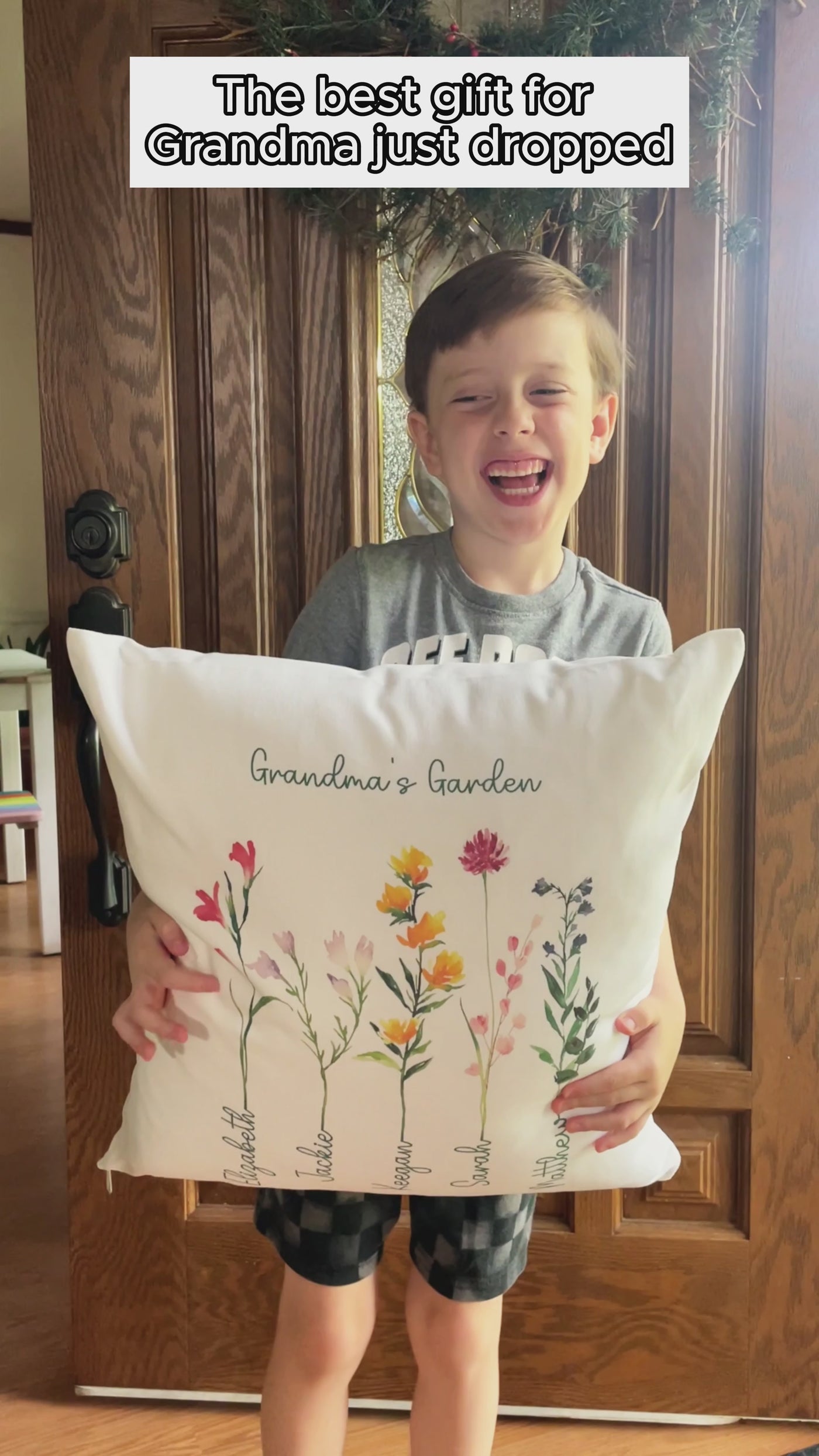 Custom Family Names Flower Lumbar Pillow - Natural Canvas